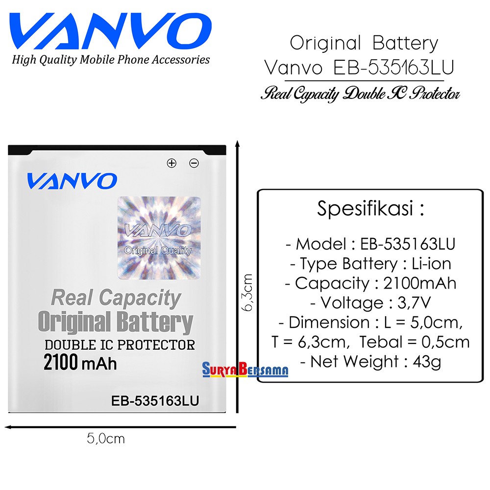 Baterai Vanvo Original EB-B535163LU Samsung Grand I9082 2100mAh