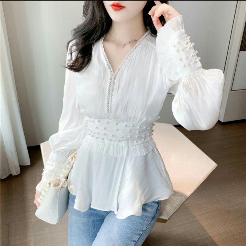 2508 Baju atasan blouse kerja lengan panjang putih wanita baju blouse kantor balon cewek import pink