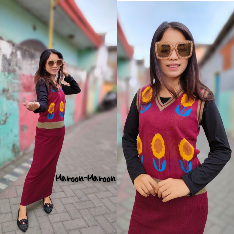 Setelan Rok Rajut Sun Flower Vest