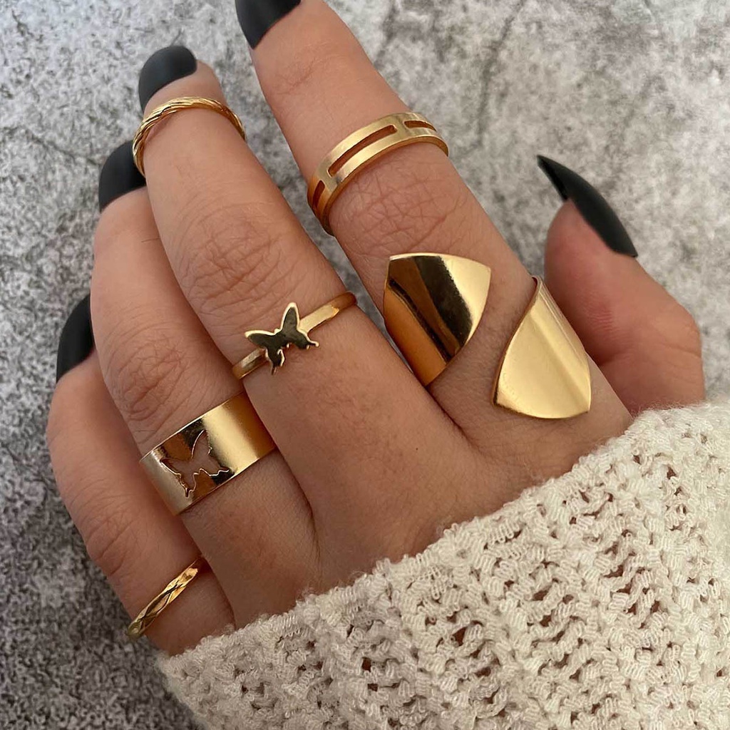 6pcs / Set Cincin Knuckle Model Terbuka Desain Kupu-Kupu Irregular Gaya Eropa Amerika