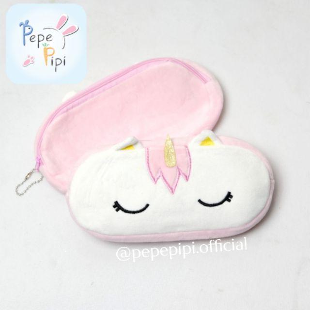 Kotak Pensil Plushy Unicorn Pastel Tempat Pensil Plush Wadah Pensil Kostak Pouch Makeup Kosmetik-Soft pink