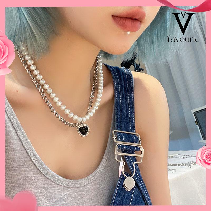 [COD]Cinta Hitam Kalung Berlapis Ganda Hip Hop Wanita Keren Angin Retro Mutiara Rantai Klavikula-FA