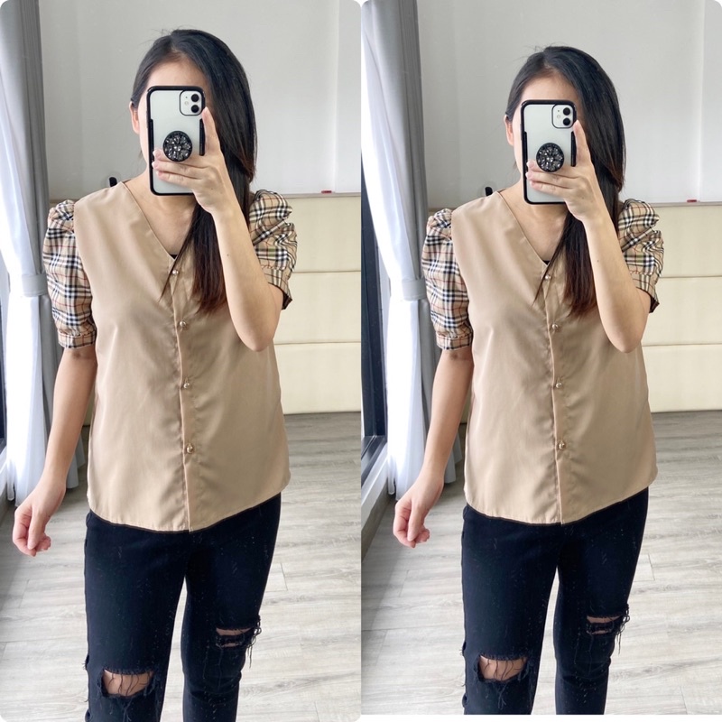 real pic atasan fashion wanita/ blouse wanita lengan pendek / blouse V neck fashion model korea