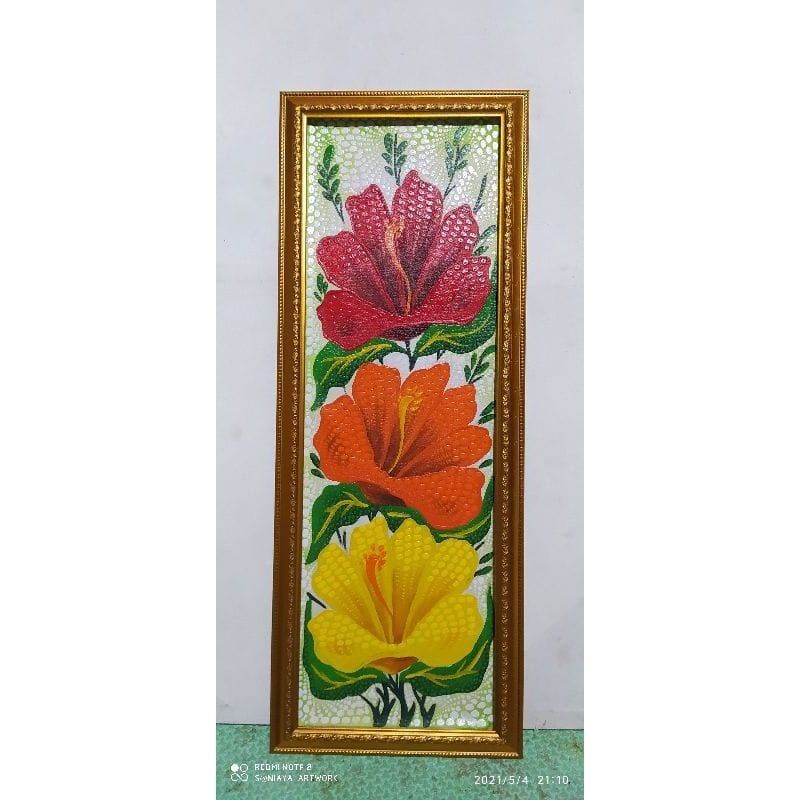 Lukisan bunga sepatu unik dan tekstur timbul asli buatan tangan harga hanya lukisan nya saja ukuran 