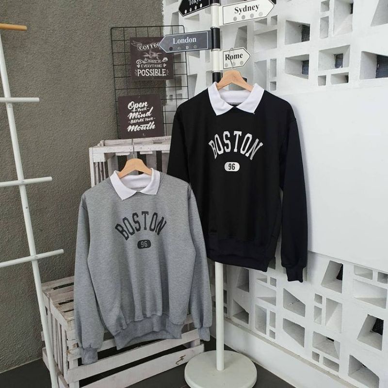 BOSTON COLAR sweatshirt unisex sweater kerah kekinian crewneck oblong couple bahan flecee terbaru