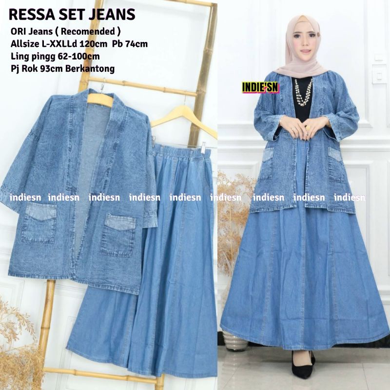 Ressa Set Jeans By INDIE'SN • Setelan Jeans Wanita • Setelan Jaket Cardigan Rompi Rok Klok Jeans Wan
