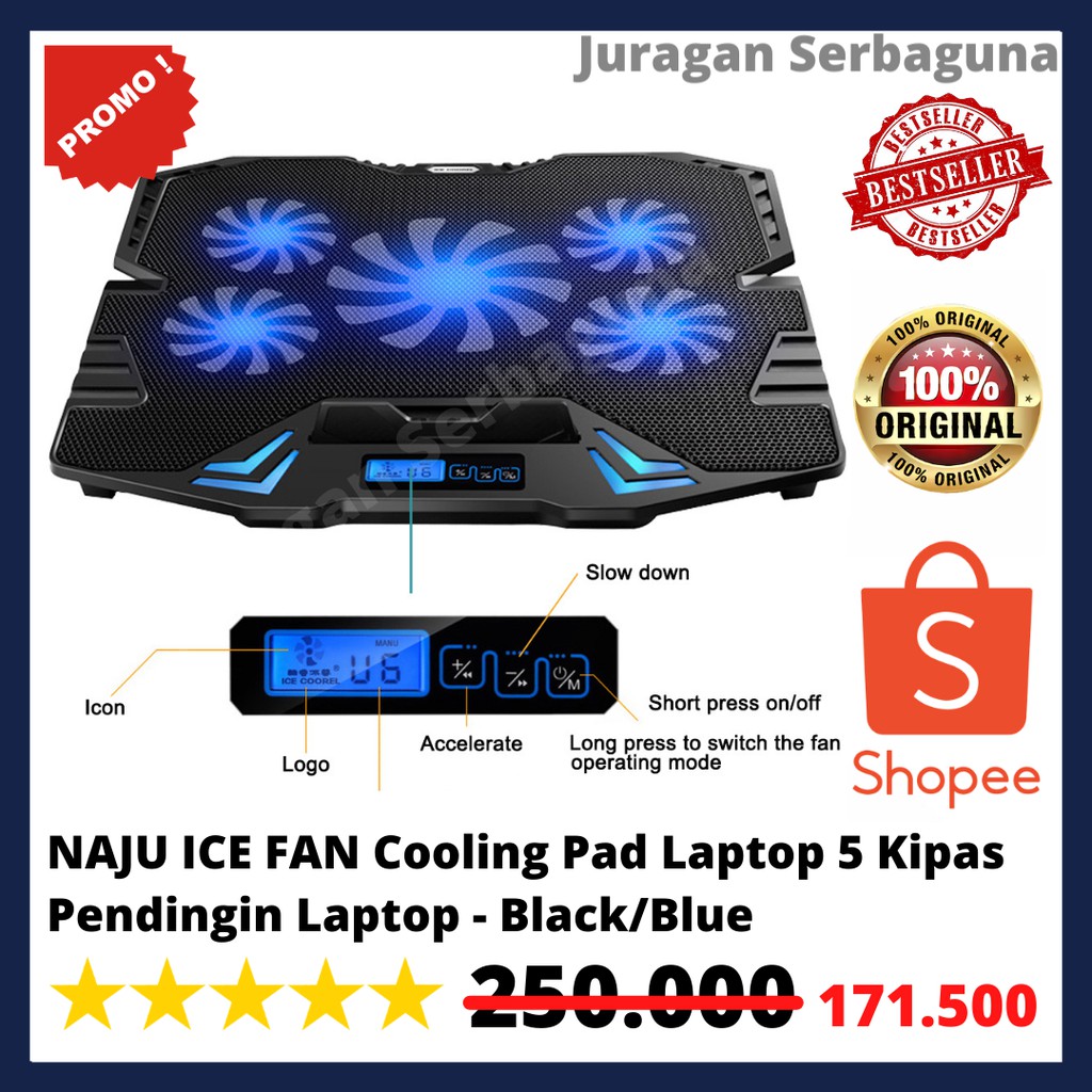 NAJU ICE FAN Cooling Pad Laptop 5 Kipas Pendingin Laptop - Black/Blue