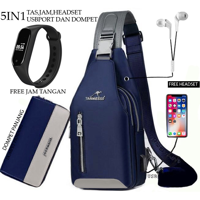 TANMESO 5IN1 BAYAR DITEMPAT- JAM LED - HEADSET- DOMPET -USBPORT -TAS WATERPROOF-BAHAN INTERPILAR SENDIRI LEMBUT DAN TEBAL MENGANDUNG 70%COTTON BUKAN PARASUT ATAU KANVAS SEPERTI YANG BEREDAR DIPASARAN-TAS SELEMPANG PRIA-SLING BAG PRIA