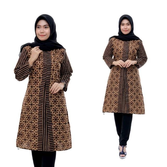 rama16 Baju Atasan Batik Wanita Tunik Sogan Lurik Zipper Depan Lengan Panjang - Bintang, M xxs
