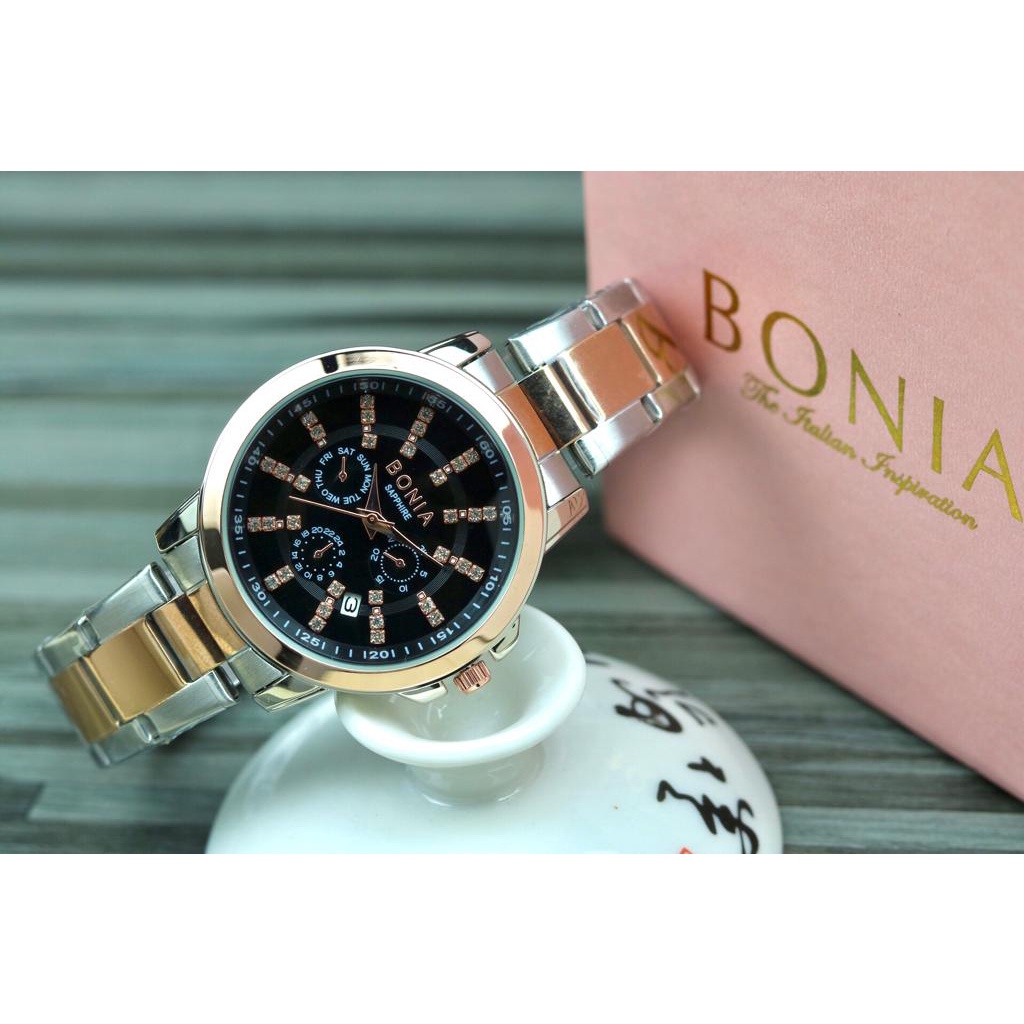 ( BIsa Cod ) Jam Tangan Wanita Bonia 0120YU Tanggal Chrono Aktif Tali Rantai Free Box Original & Bat