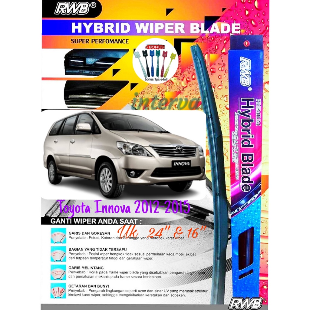 Wiper Depan Hybird Blade RWB Mobil Toyota Innova 2012 - 2015 Pembersih Kaca Depan Wiper Ukuran 24 & 