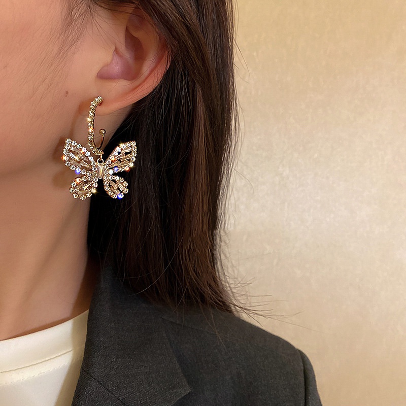 Fashion Luxury Gold Color Full Diamond Butterfly Pendant Earrings/ High-end Exquisite Geometric Alloy Eardrop