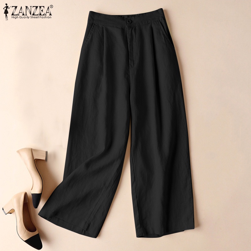 ZANZEA Women Plain Cotton Long Harem Pants Loose Elastic Waist Wide Legged Pants