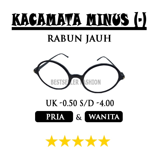 KACAMATA RABUN JAUH (-) PRIA WANITA UKURAN -0.50 S/D -4.00 LENSA MINUS BENTUK BULAT FRAME HITAM FREECASE