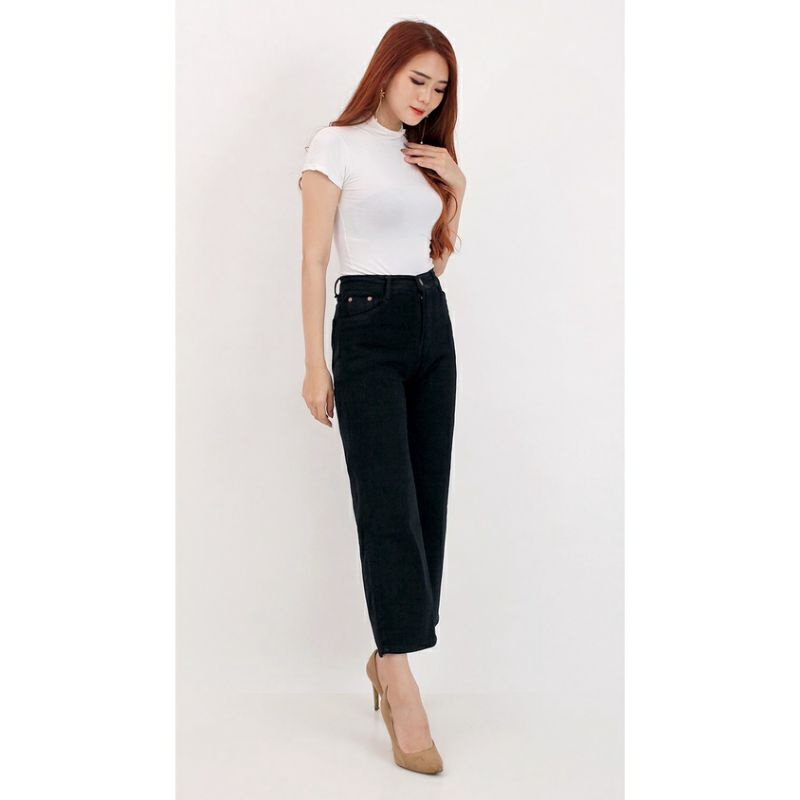 Celana Jeans/fashion Jeans Boyfriend Kulot Wide Hitam Polos