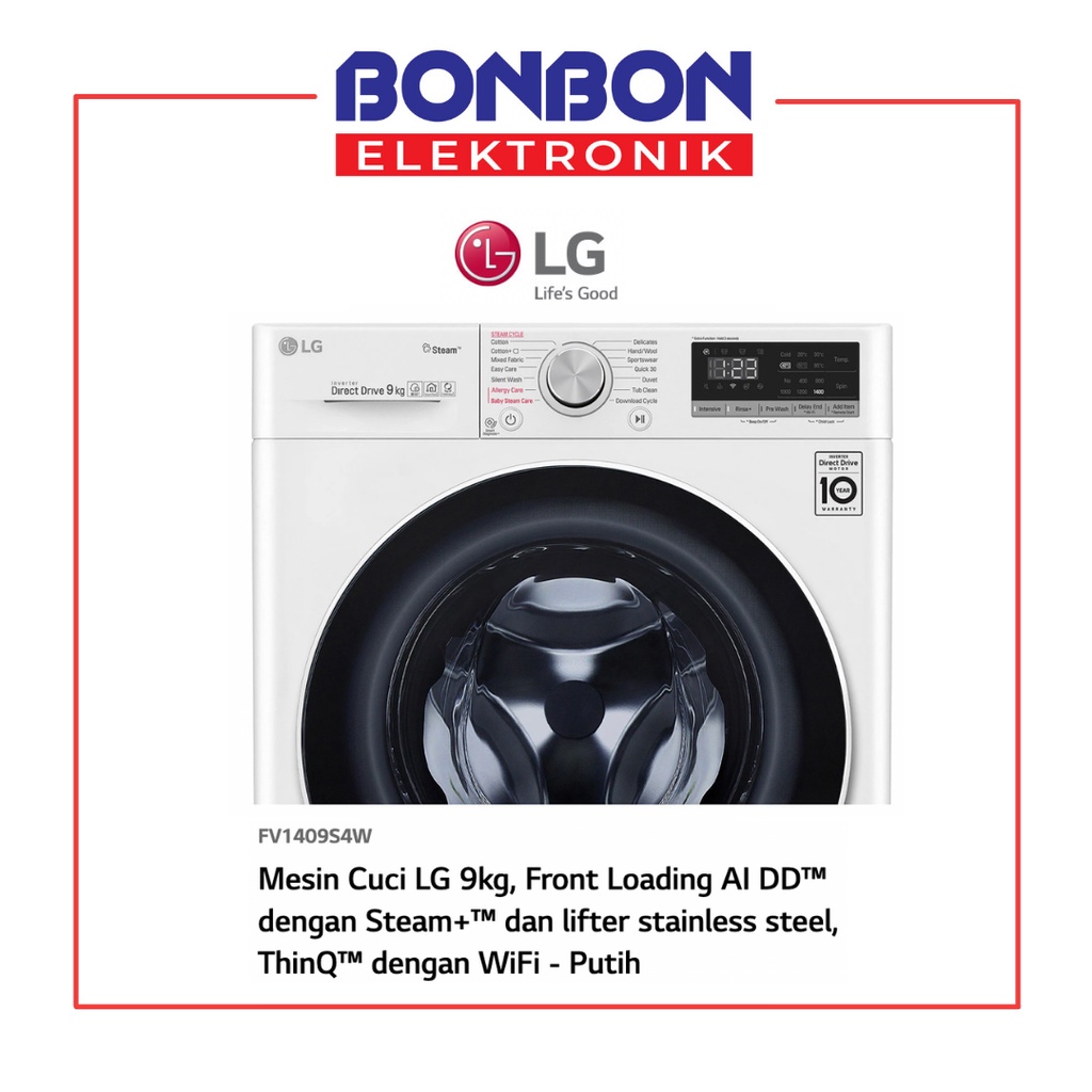 LG Mesin Cuci Front Loading 9KG FV1409S4W Inverter Smart ThinQ Wifi