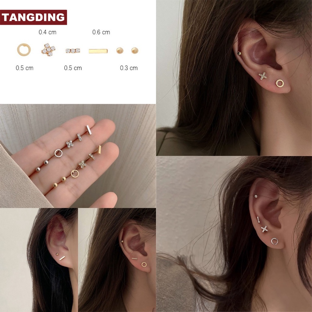 【COD Tangding】6PCS/Set Simple Piercing Earrings Set Cross Hoop Earrings Women Girl Tarnish Earstuds Jewelry