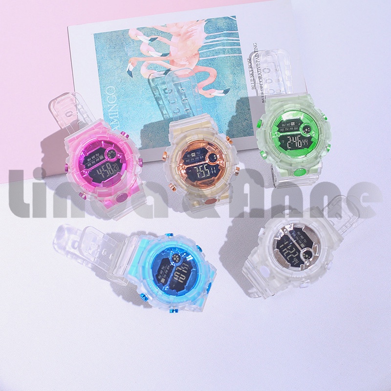 Jam Tangan Wanita Strap Rubber Transparan Display Digital Korean Fashion Import