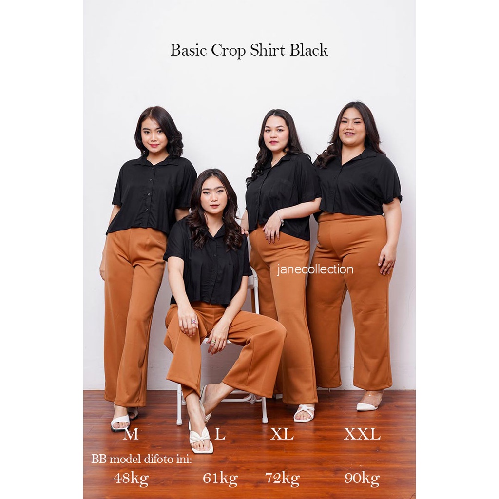 JANE COLLECTION || Kemeja Kerja Wanita Kancing Lengan Pendek M L XL XXL Ukuran Jumbo Oversize Crop Top Katun Rayon - Basic Crop Shirt