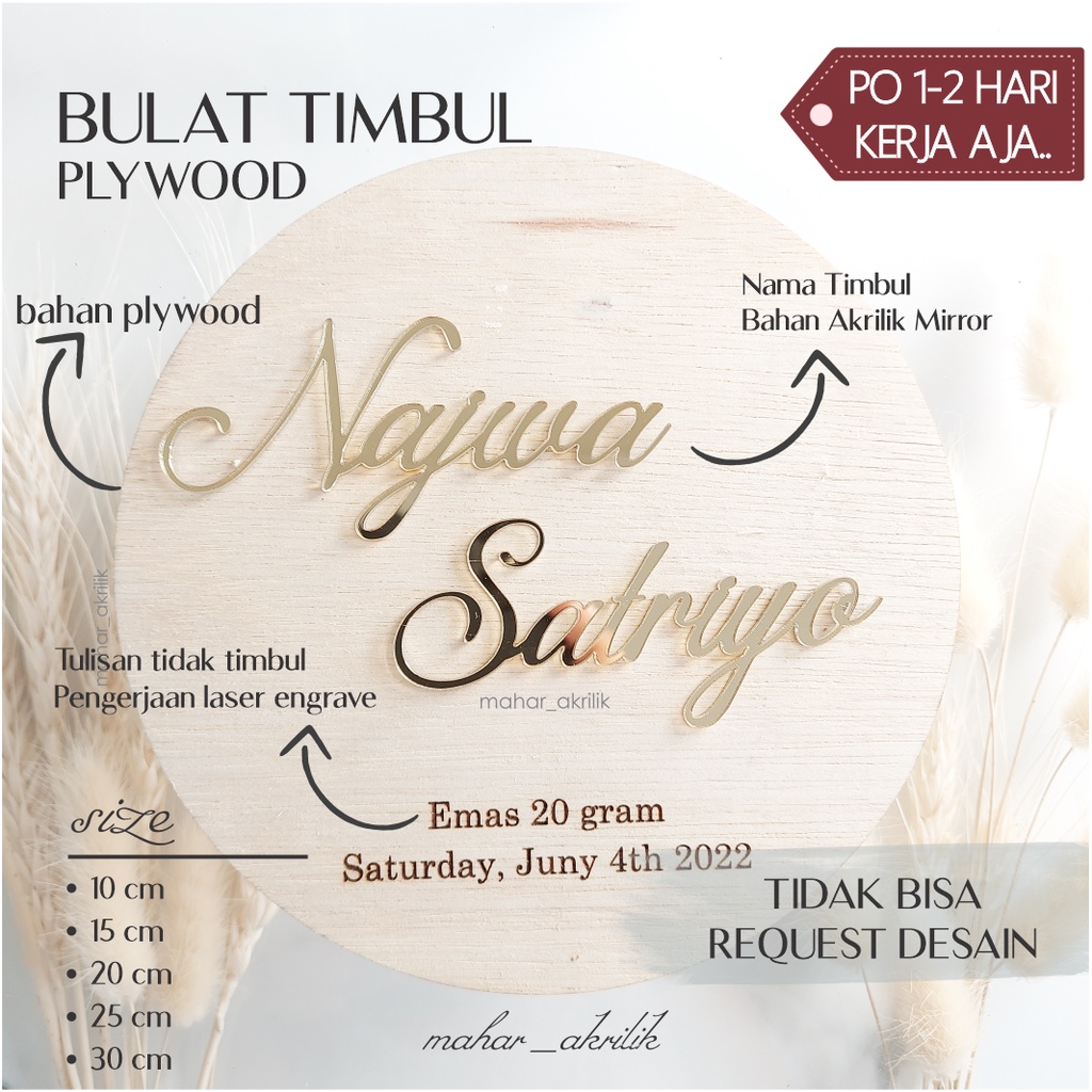 Bulat Gravir Nama Timbul Akrilik Mirror l Nama Timbul Model Bulat Hiasan Mahar