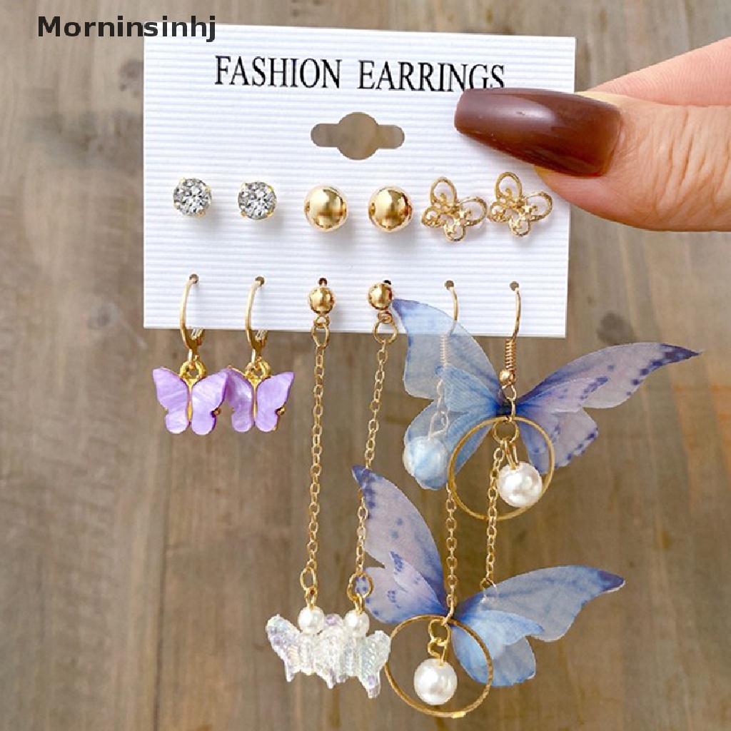 6 Pasang / Set Anting Stud Bentuk Hati Butterfly Aksen Mutiara Warna Emas Untuk Wanita