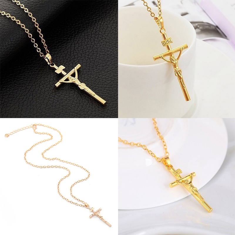 Kalung Rantai Dengan Liontin Salib Yesus Kristen Warna Emas / Silver Untuk Wanita