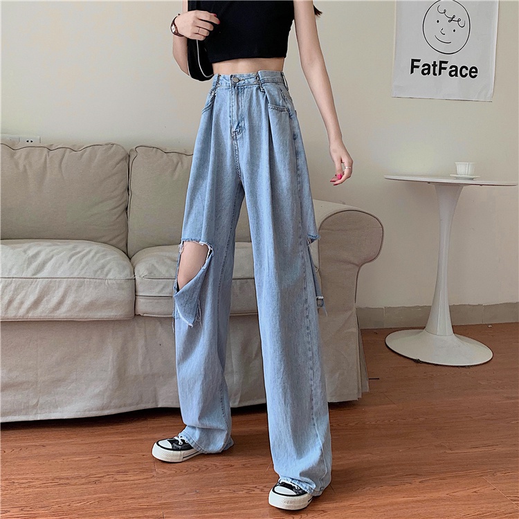 XIAOZHAINV  Celana Jeans Panjang Wanita Korean Style Highwaist Sobek 8678