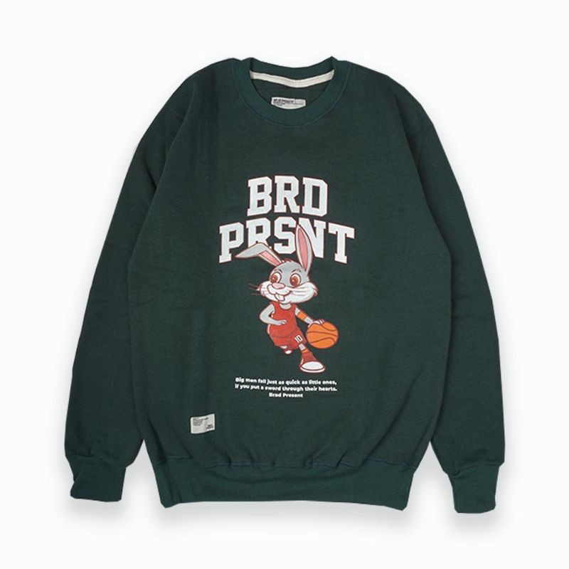 BRAD PRESENT ORIGINAL Sweater Crewneck Sweatshirt cowok hijau Motif Basket Rabit seri art BRD2205