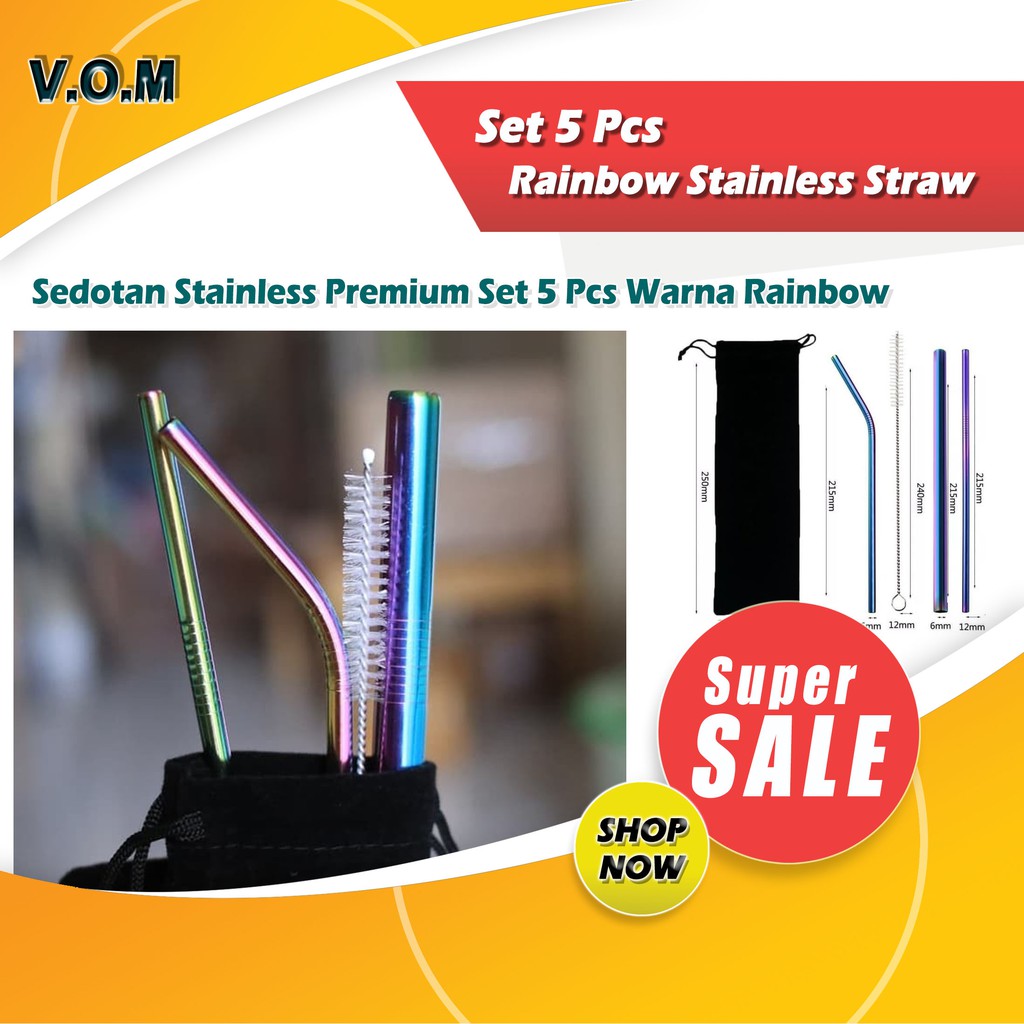 VOM-Set 5 Pcs Rainbow Stainless Straw Sedotan Premium Velvet Pouch 0523