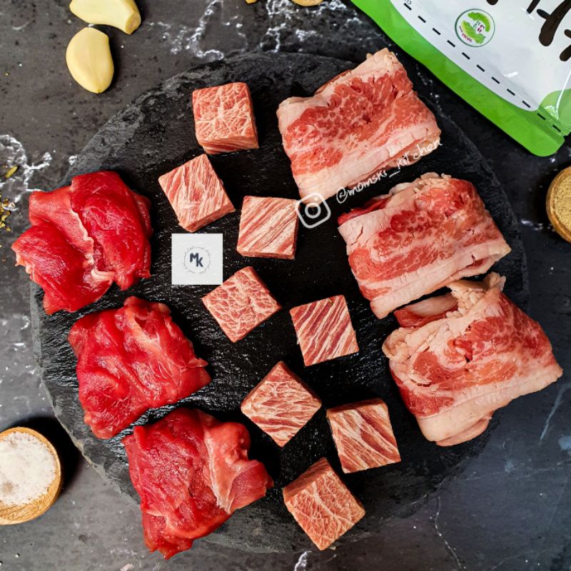 

PAKET DAGING BBQ 1.5 KG MURAH SAIKORO Wagyu Cube 500gr + US Beef Slice 500gr + AUS Beef Slice 500gr