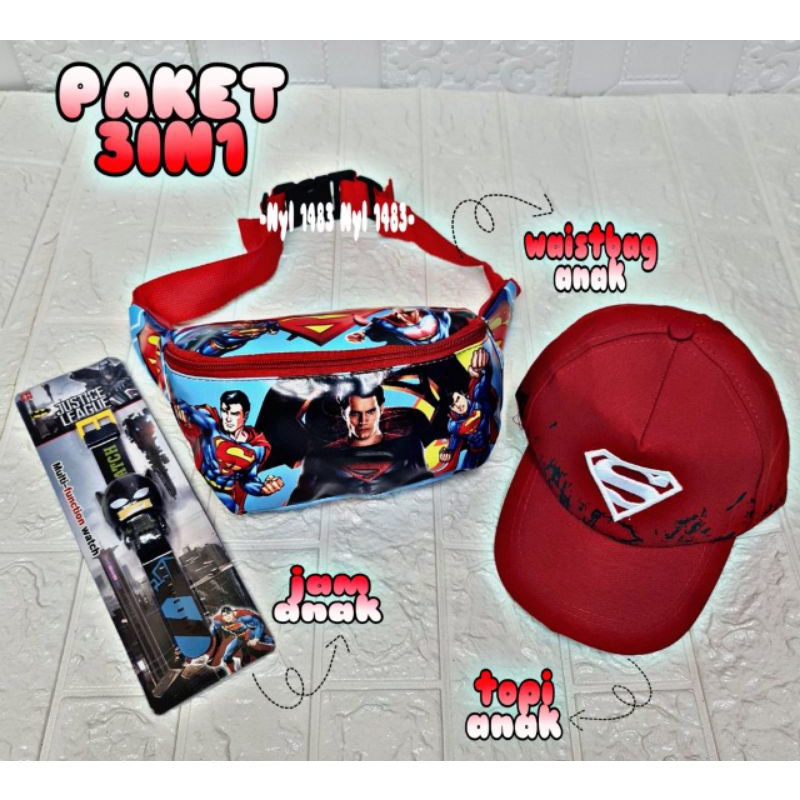 New paket murah 3in1 tas pinggang anak tas waistbag / topi anak / jam tangan anak