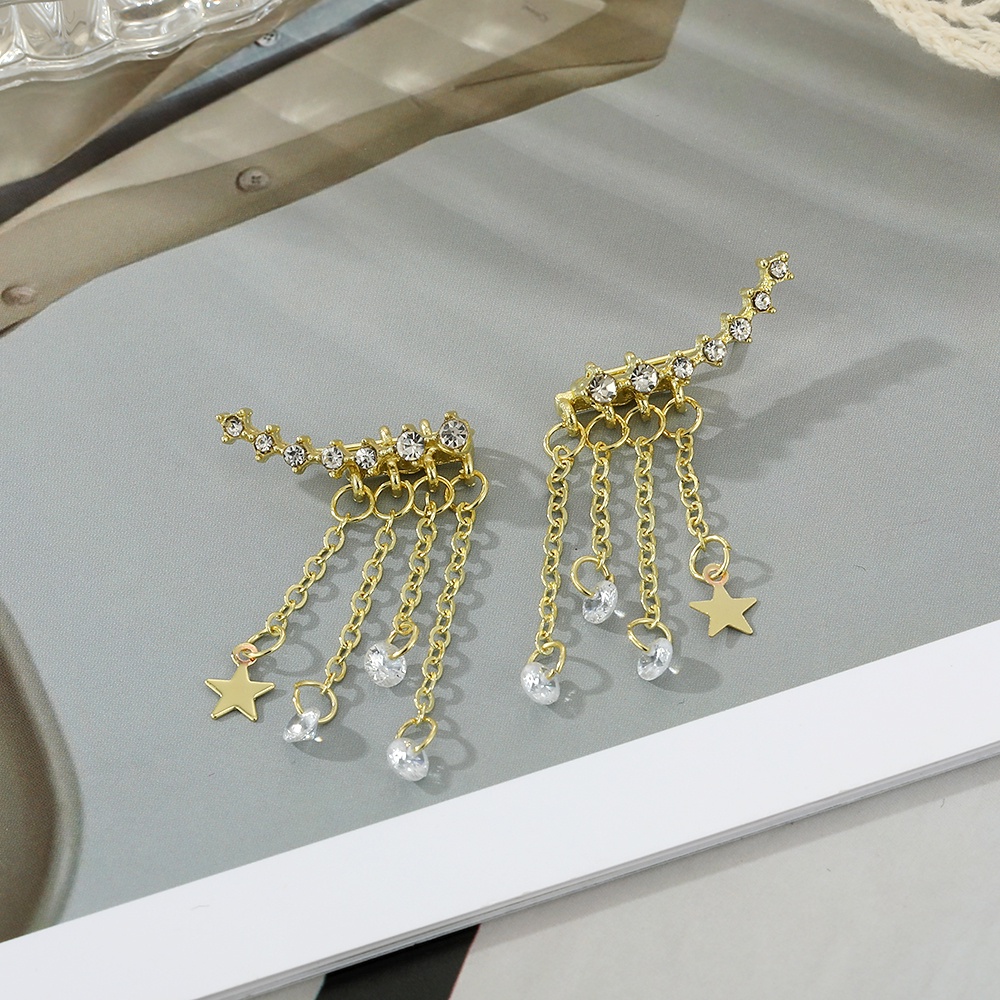 Anting Gantung Panjang Tusuk Gaya Korea Motif Bintang Aksen Kristal + Rumbai Untuk Perhiasan Wanita