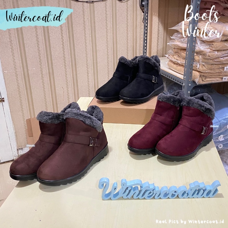 Boots winter wanita import  sepatu musim dingin hangat bulu murah black hitam empuk Fitri