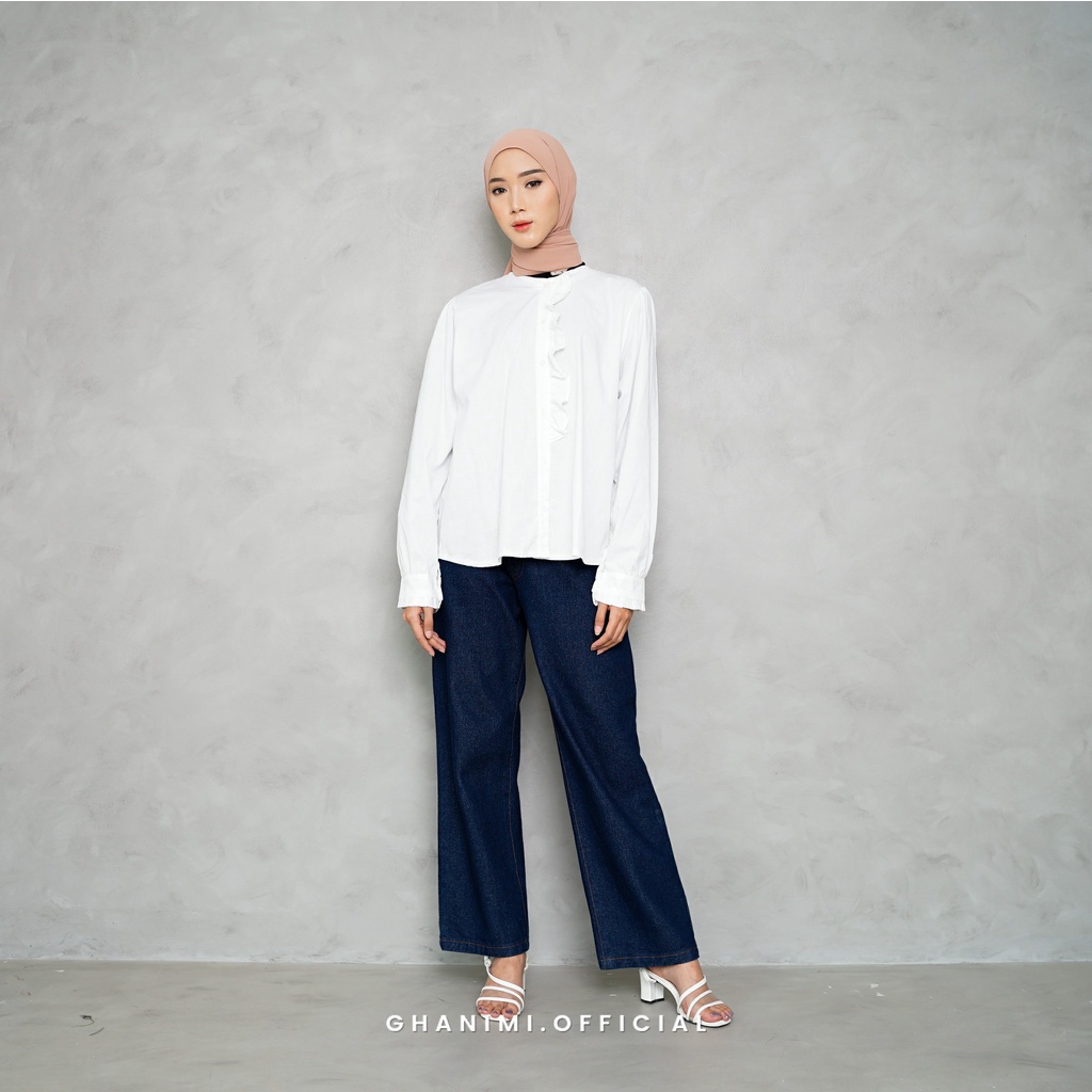 Ghanimi - Merisa Shirt / Kemeja Panjang Basic Wanita / kemeja kerja casual formal lengan panjang wudhu friendly / atasan kemeja kancing ruffle polos simple murah