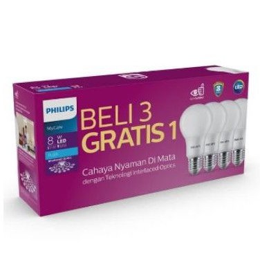 Lampu Led Philips Mycare 8 Watt Putih Multypack Beli 3 gratis 1