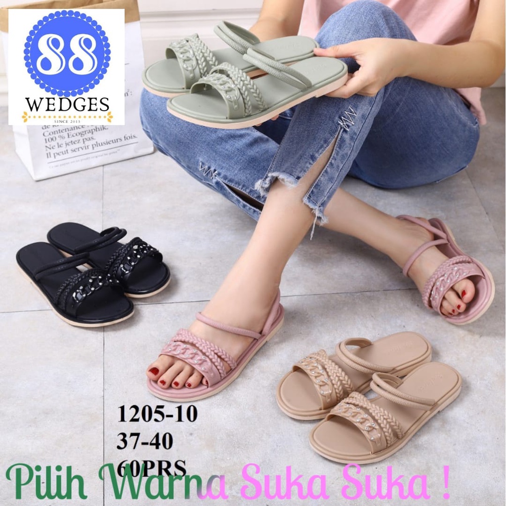 WEDGES 88 - Sandal Selop Wanita Agatha Terbaru Balance 1205-10 Jelly Tali Silang Kepang Rantai Korea