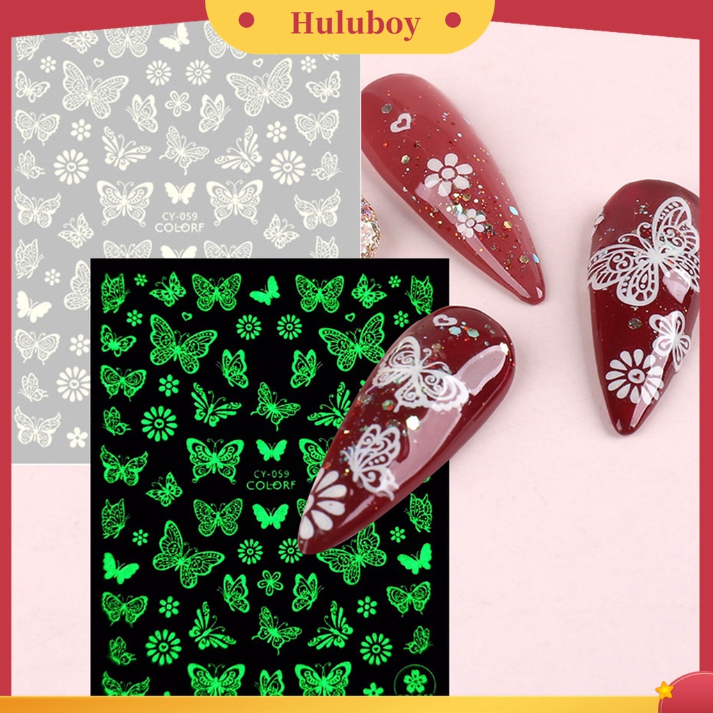 Huluboy Huluboy♡ 9 Pcs / Set Stiker Kuku 3D Glow In The Dark Desain Kupu-Kupu Bunga Slider Untuk Manicure