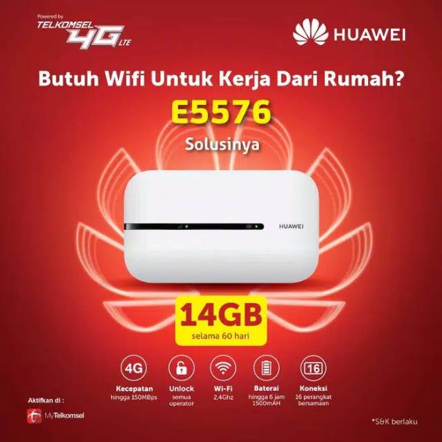 Modem Wifi MiFi Huawei E5576 4G LTE free Telkomsel 14GB Unlock All Operator