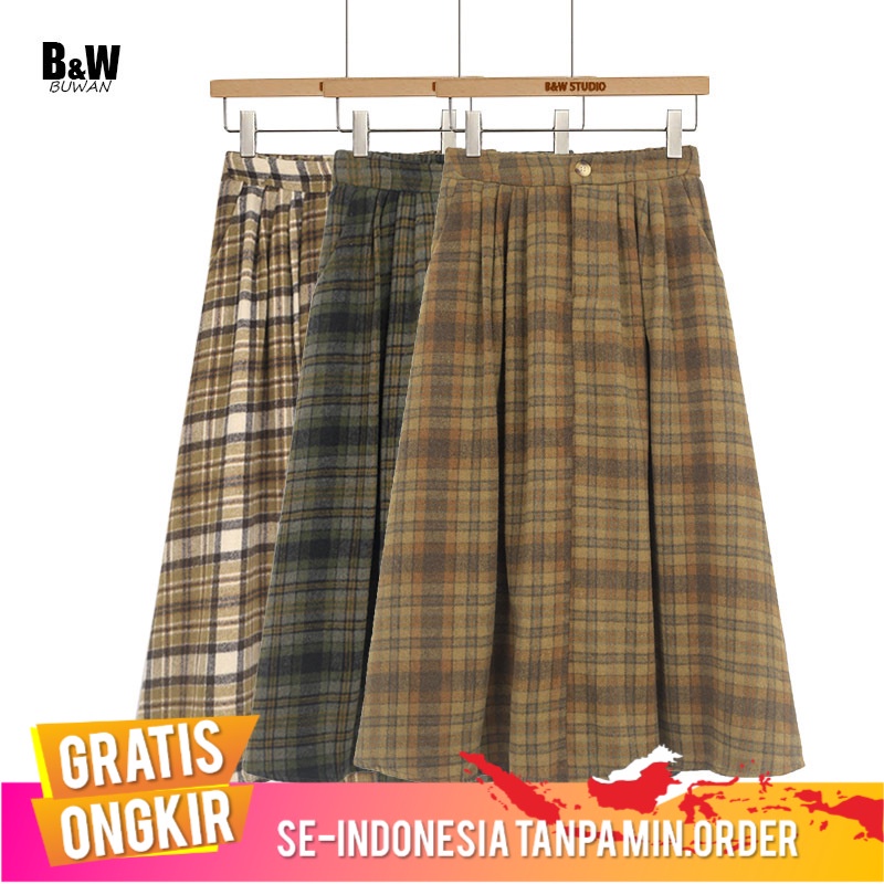 Pakaian Wanita Rok Wanita Buwan Retro Kotak-kotak Wol Pelangsing Lipit Rok Timbunan Panjang A- line 