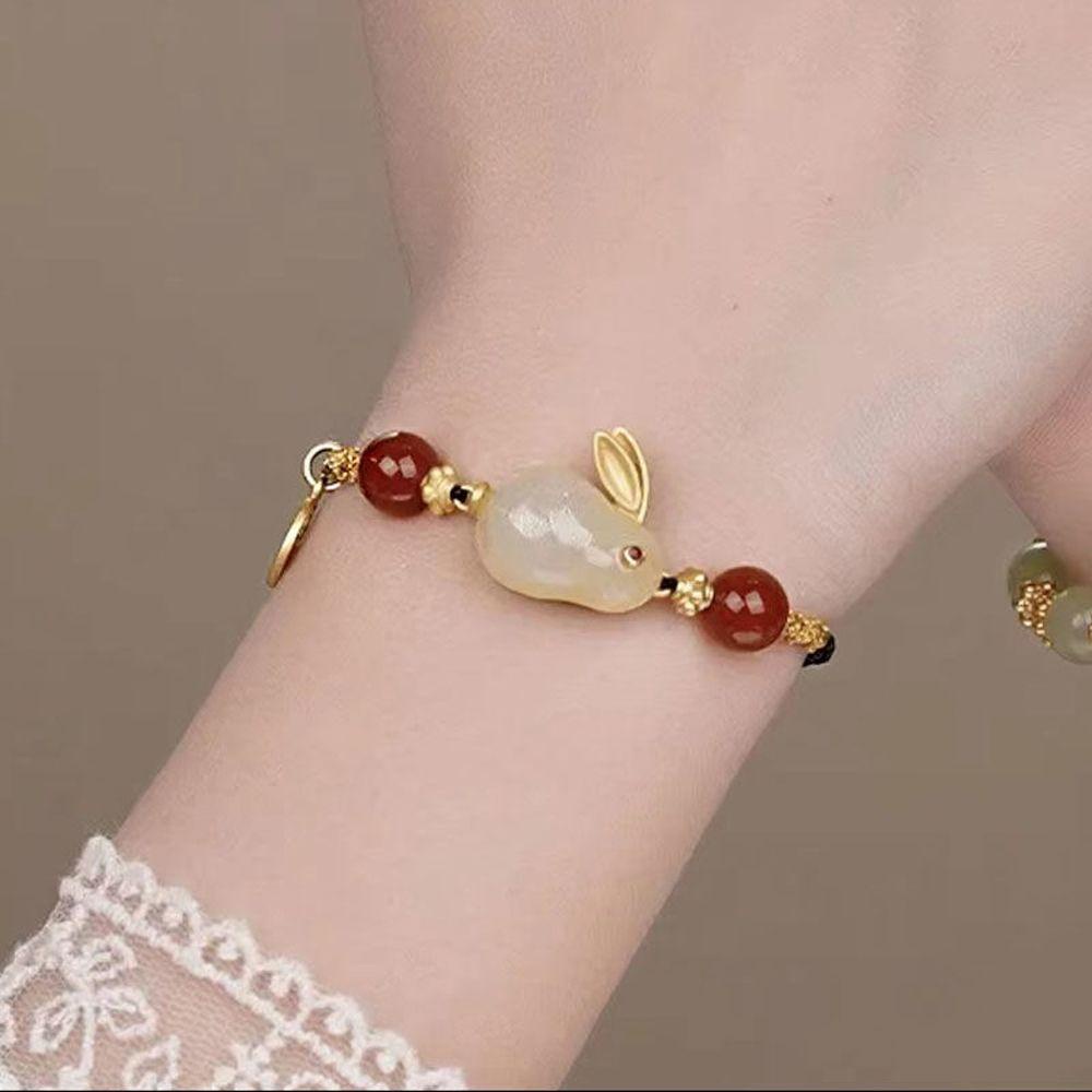 Gelang Giok Agate Merah Hijau Bentuk Kelinci Gaya China Korea Untuk Hadiah