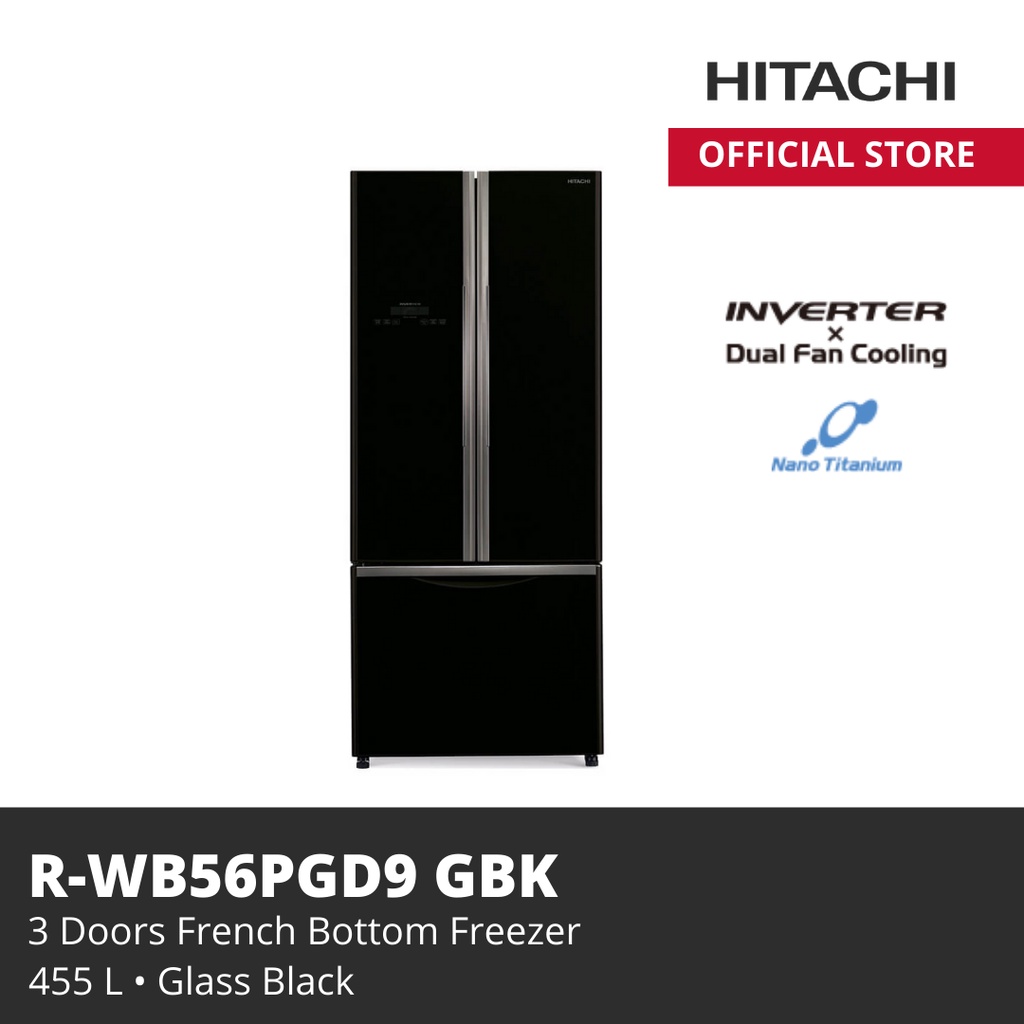 HITACHI KULKAS R-WB56PGD9 GBK 455 L FRENCH BOTTOM FREEZER
