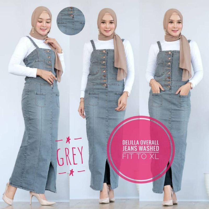 Delila Overall Jeans wanita | Jeans Wanita Rok Kodok Jeans | Jin Denim Jeans Wash | Overal Rok Dress