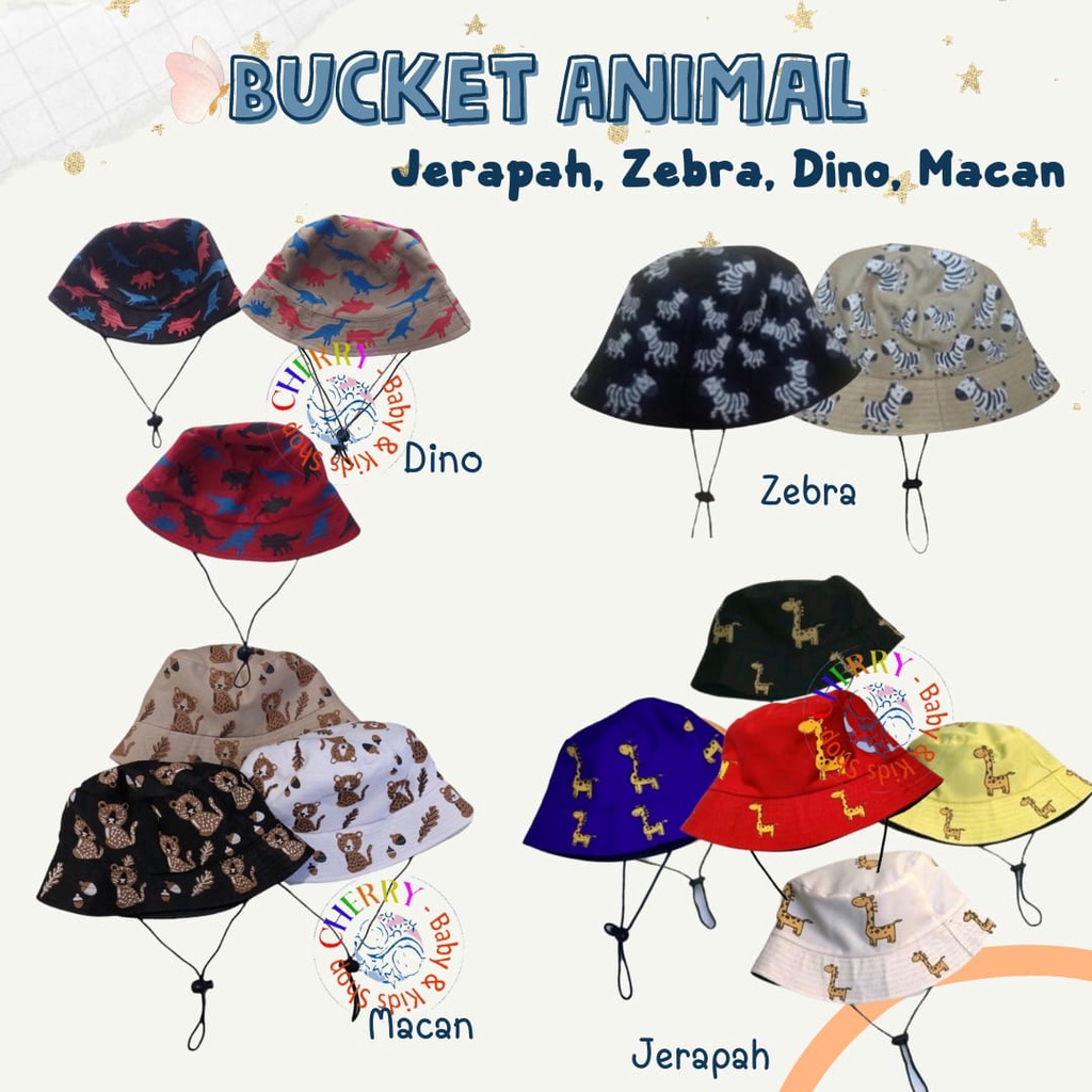 Topi Bucket Dengan Tali Motif Animal Jerapah Macan Dino Zebra estimasi 1-5 Tahun LC