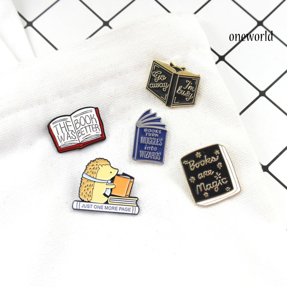 OW@ Unisex Cute Cartoon Book Hedgehog Enamel Letter Brooch Pin Denim Jacket Badge