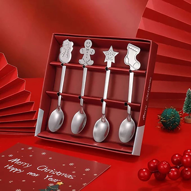 4pcs / set Sendok Dessert Kopi Bentuk Pohon Natal Snowman Bahan Stainless Steel