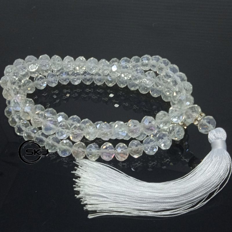 TASBIH BATU KRISTAL BERKILAU  PUTIH BENING 99 BUTIR ASLI ASLI NATURAL