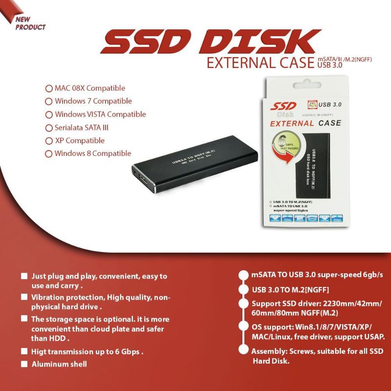 Casing SSD M2 NGFF Sata Usb 3.0 Kabel M.2 ADAPTER ENCLOSURE EXTERNAL A