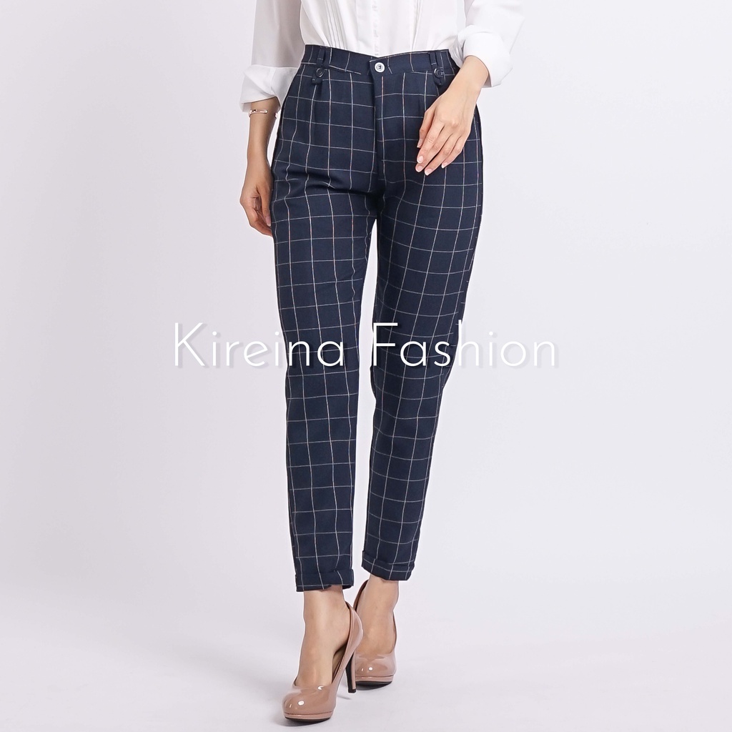 Celana Kotak Wanita Celana Kerja Wanita Baggy Pants Celana Tartan Bahan gabardin | Kireina Fashion