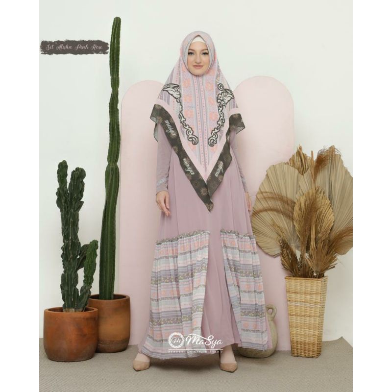 Dress Alisha Pink Rose - Set Syari Branded by Masya, Madenia Syar'i