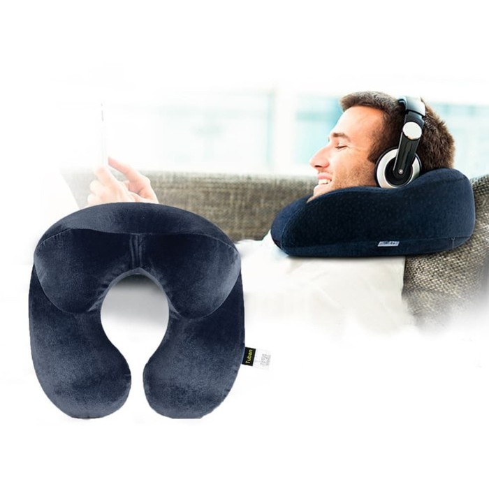 Bantal Leher U-Shape Inflatable Travel Neck Pillow - Dark Blue